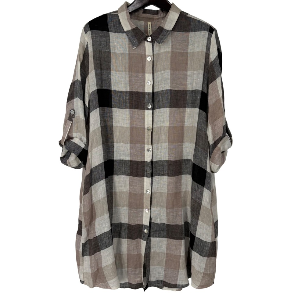 Match Point Linen Blend Plaid Tunic Midi Shirt Dress XL Black Tan Lagenlook
